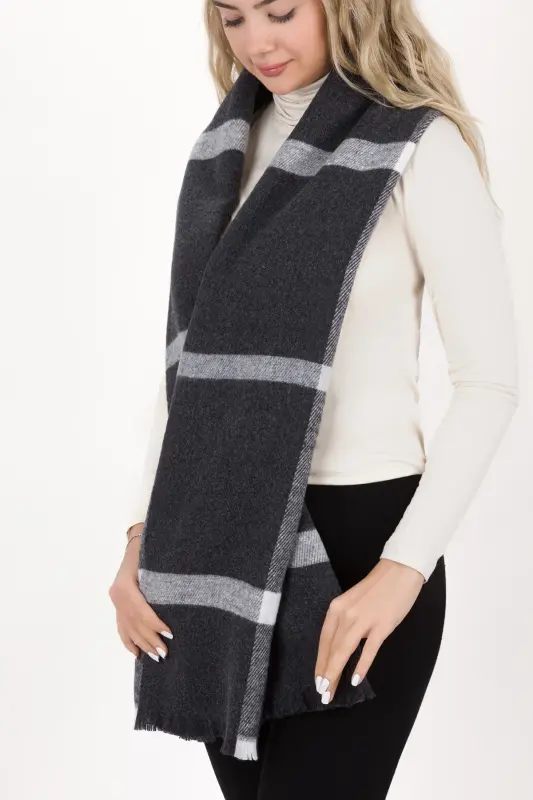 Kadın Ekose Desen Pamuk Dokuma Şal Atkı 70*190-AÇIK SİYAH ÇİZGİLİ - 1
