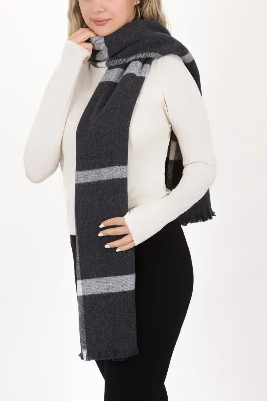 Kadın Ekose Desen Pamuk Dokuma Şal Atkı 70*190-AÇIK SİYAH ÇİZGİLİ - 2