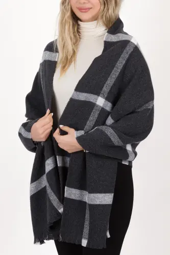 Kadın Ekose Desen Pamuk Dokuma Şal Atkı 70*190-AÇIK SİYAH ÇİZGİLİ - 3