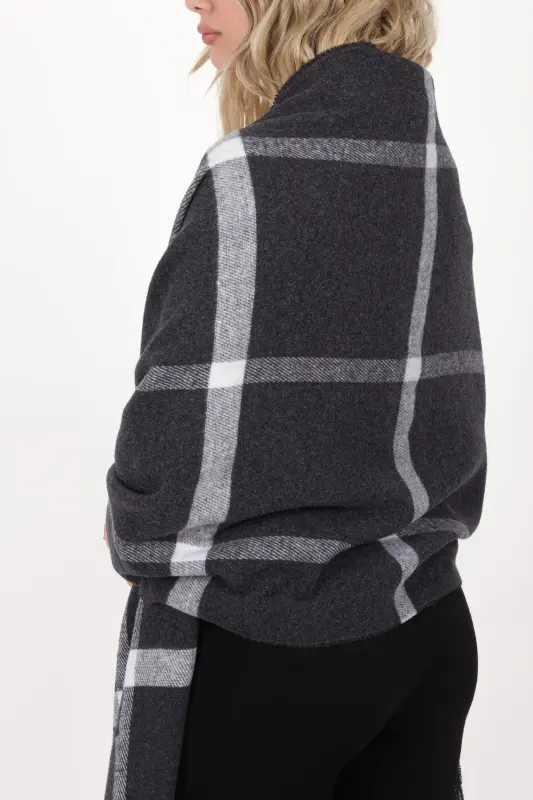 Kadın Ekose Desen Pamuk Dokuma Şal Atkı 70*190-AÇIK SİYAH ÇİZGİLİ - 2