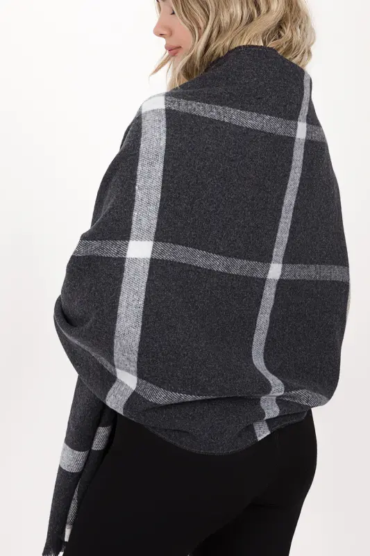 Kadın Ekose Desen Pamuk Dokuma Şal Atkı 70*190-AÇIK SİYAH ÇİZGİLİ - 4