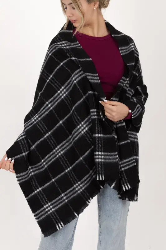 Kadın Ekose Desen Pamuk Dokuma Şal Atkı 70*190-SİYAH 3 ÇİZGİLİ - 5