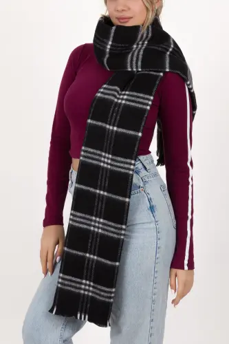 Kadın Ekose Desen Pamuk Dokuma Şal Atkı 70*190-SİYAH 3 ÇİZGİLİ - HISTAKI (1)