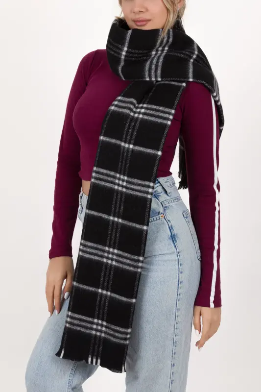 Kadın Ekose Desen Pamuk Dokuma Şal Atkı 70*190-SİYAH 3 ÇİZGİLİ - ANDİFLİ