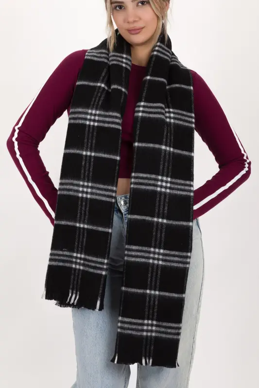 Kadın Ekose Desen Pamuk Dokuma Şal Atkı 70*190-SİYAH 3 ÇİZGİLİ - 5