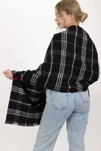 Kadın Ekose Desen Pamuk Dokuma Şal Atkı 70*190-SİYAH 3 ÇİZGİLİ - 7