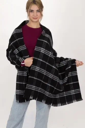 Kadın Ekose Desen Pamuk Dokuma Şal Atkı 70*190-SİYAH 3 ÇİZGİLİ - ANDİFLİ (1)