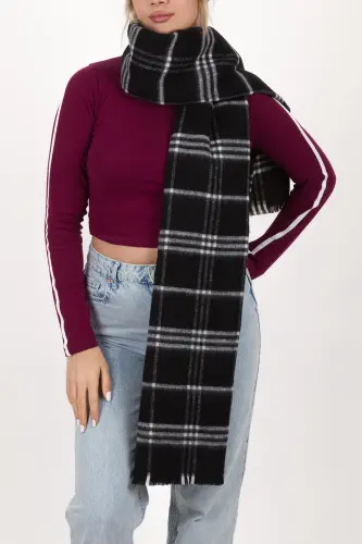 Kadın Ekose Desen Pamuk Dokuma Şal Atkı 70*190-SİYAH 3 ÇİZGİLİ - 6