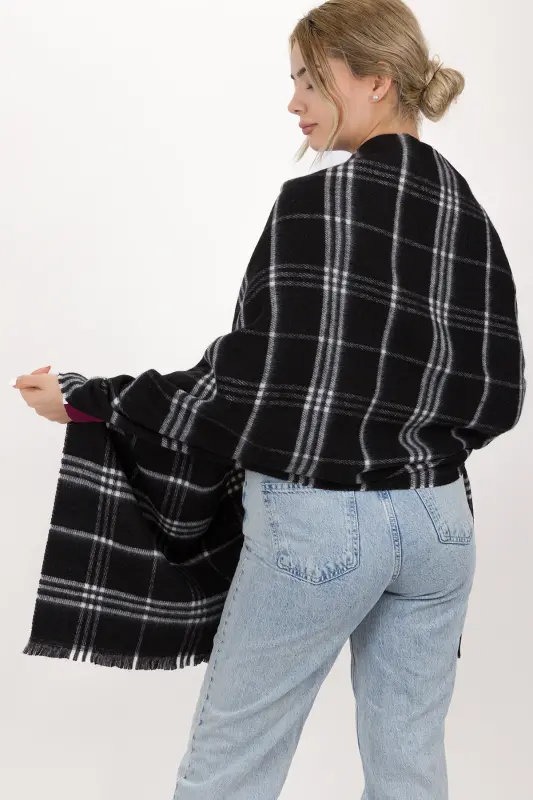 Kadın Ekose Desen Pamuk Dokuma Şal Atkı 70*190-SİYAH 3 ÇİZGİLİ - 7