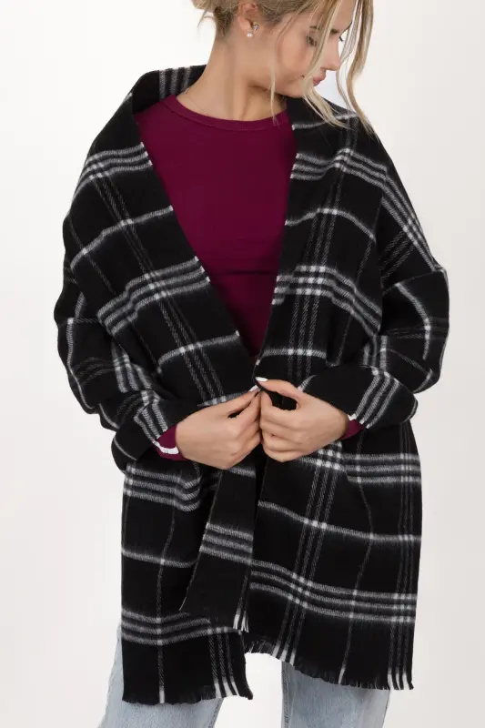 Kadın Ekose Desen Pamuk Dokuma Şal Atkı 70*190-SİYAH 3 ÇİZGİLİ - 3