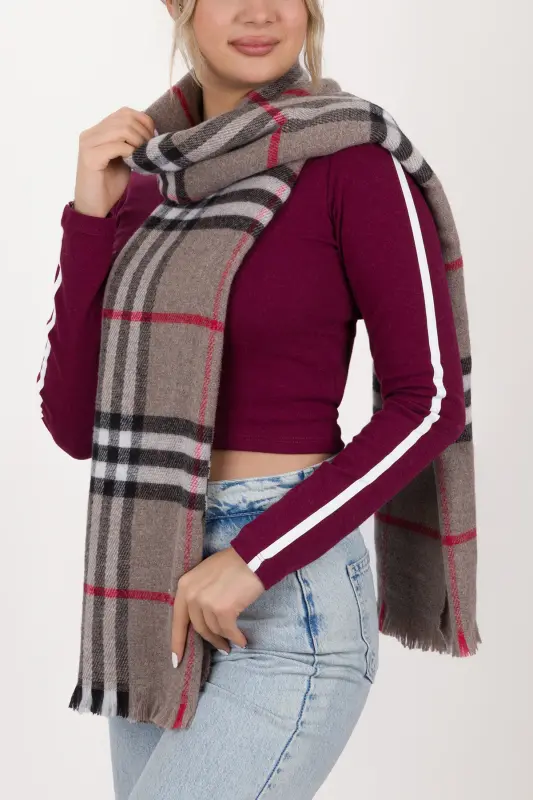 Kadın Ekose Desen Pamuk Dokuma Şal Atkı 70*190-VİZON ÇİZGİLİ - 2