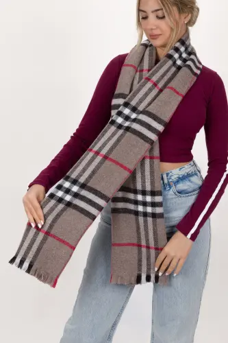 Kadın Ekose Desen Pamuk Dokuma Şal Atkı 70*190-VİZON ÇİZGİLİ - 3