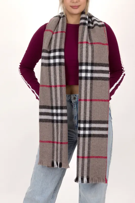 Kadın Ekose Desen Pamuk Dokuma Şal Atkı 70*190-VİZON ÇİZGİLİ - HISTAKI