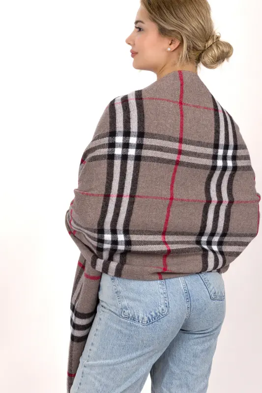 Kadın Ekose Desen Pamuk Dokuma Şal Atkı 70*190-VİZON ÇİZGİLİ - 4