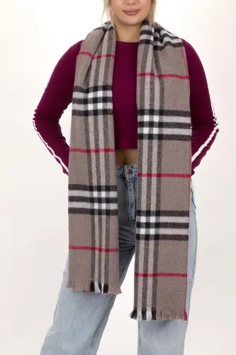 Kadın Ekose Desen Pamuk Dokuma Şal Atkı 70*190-VİZON ÇİZGİLİ - 3