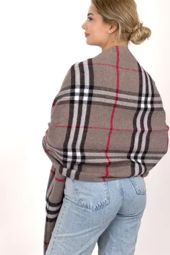 Kadın Ekose Desen Pamuk Dokuma Şal Atkı 70*190-VİZON ÇİZGİLİ - 4