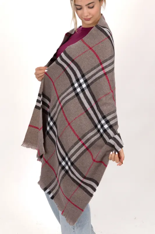 Kadın Ekose Desen Pamuk Dokuma Şal Atkı 70*190-VİZON ÇİZGİLİ - 5