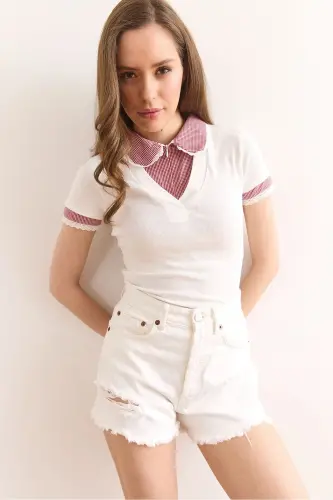 Kadın Ekru Bebe Yaka Ekose Detaylı Fermuarlı Bluz BLZ-19002944 - Ekru - 3