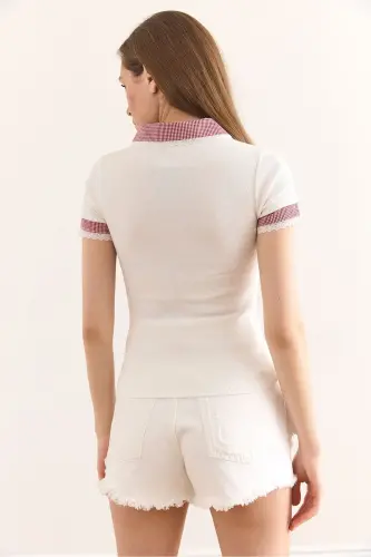 Kadın Ekru Bebe Yaka Ekose Detaylı Fermuarlı Bluz BLZ-19002944 - Ekru - 6