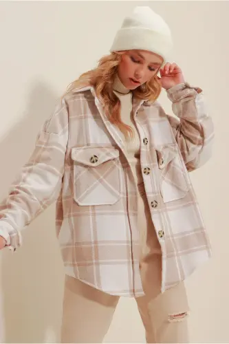 Kadın Ekru Bej Ekose Desenli Kaşe Pamuklu Oversize Safari Ceket Gömlek Alc-X7142-EKRU BEJ 