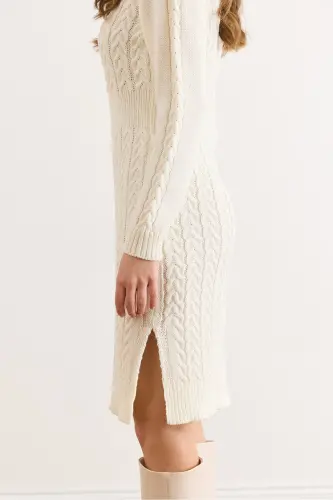 Kadın Ekru Beli Bantlı Yırtmaçlı Saç Örgü Mini Elbise ELB-19002289-Ekru - 4