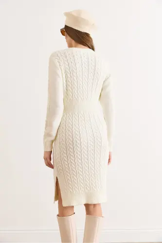 Kadın Ekru Beli Bantlı Yırtmaçlı Saç Örgü Mini Elbise ELB-19002289-Ekru - 3