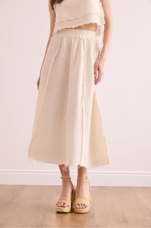 Kadın Ekru Beli Lastikli Pis Dikiş Müslin Etek ETK-19000310-Ekru - 3