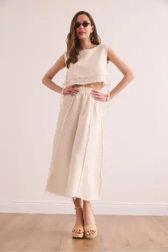 Kadın Ekru Beli Lastikli Pis Dikiş Müslin Etek ETK-19000310-Ekru - 4