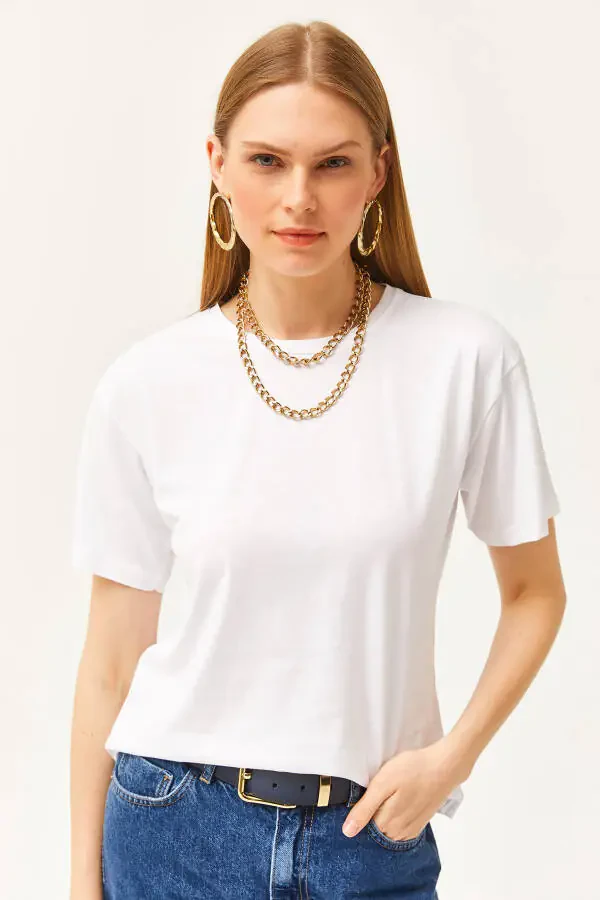 Kadın Ekru Bisiklet Yaka Basic Tişört TSH-19000774-Ekru - 2