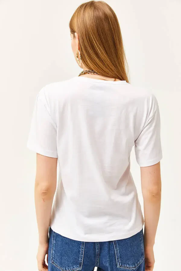 Kadın Ekru Bisiklet Yaka Basic Tişört TSH-19000774-Ekru - 6