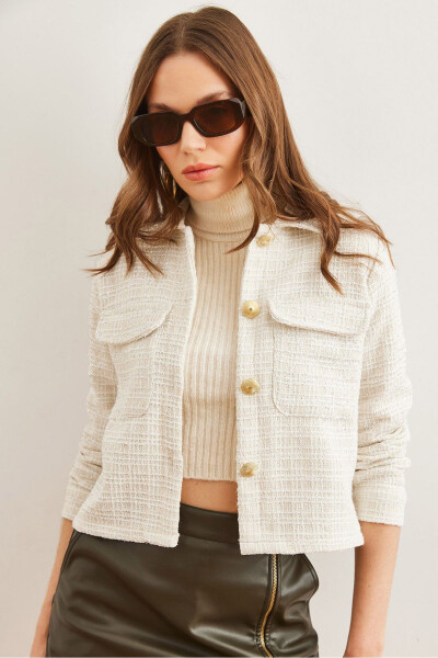 Kadın Ekru Cepli Düğmeli Sim Detaylı Tüvit Ceket CKT-19000411-Ekru 