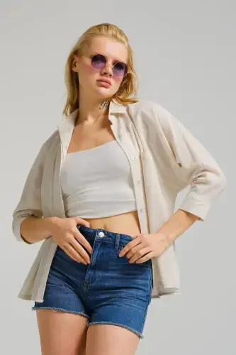 Kadın Ekru Cepli Salaş Keten Gömlek ARM-21Y001035-Ekru - ARMONIKA (1)