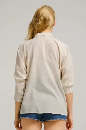 Kadın Ekru Cepli Salaş Keten Gömlek ARM-21Y001035-Ekru - 4
