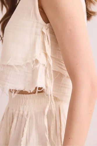 Kadın Ekru Çift Kat Pis Dikiş Bağcık Detaylı Müslin Bluz BLZ-19002924-Ekru - 5