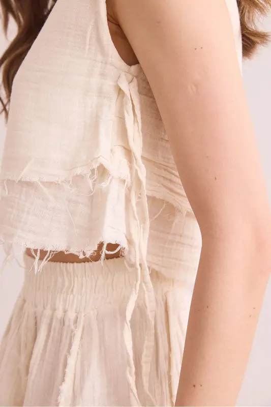 Kadın Ekru Çift Kat Pis Dikiş Bağcık Detaylı Müslin Bluz BLZ-19002924-Ekru - 5