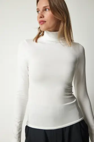 Kadın Ekru Dik Yaka Saran Esnek Örme Bluz UB00200-Ekru - 2