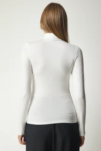 Kadın Ekru Dik Yaka Saran Esnek Örme Bluz UB00200-Ekru - 5