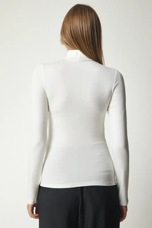 Kadın Ekru Dik Yaka Saran Esnek Örme Bluz UB00200-Ekru - 5