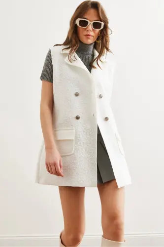 Ecrufarbene Boucle-Weste mit Knöpfen und Taschen für Damen YLK- 19000050 - Ecru 