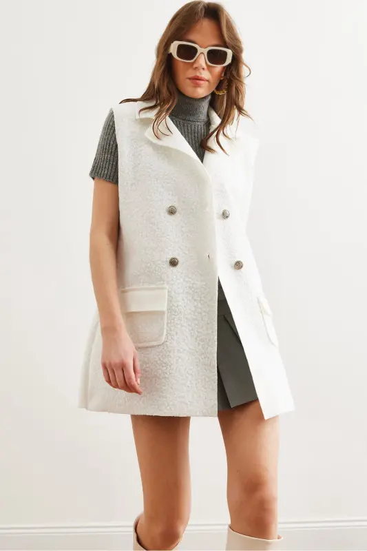 Kadın Ekru Düğmeli Cepli Buklet Yelek YLK-19000050-Ekru - OLALOOK