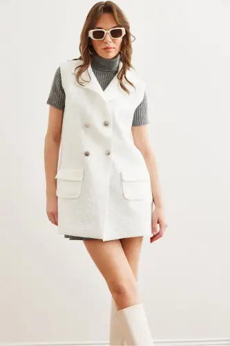 Kadın Ekru Düğmeli Cepli Buklet Yelek YLK-19000050-Ekru - OLALOOK (1)