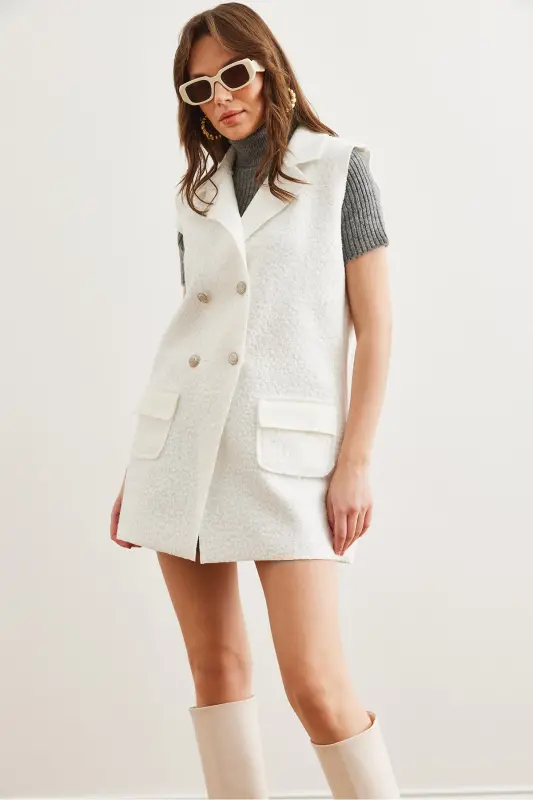 Kadın Ekru Düğmeli Cepli Buklet Yelek YLK-19000050-Ekru - 3