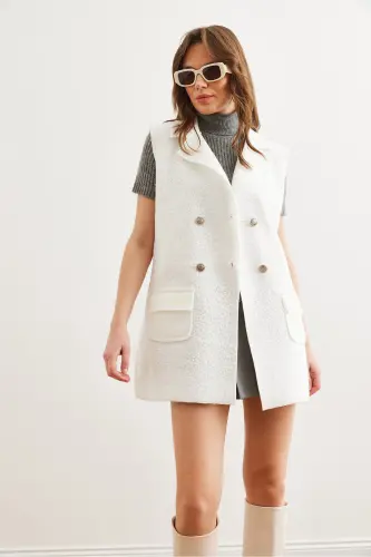 Kadın Ekru Düğmeli Cepli Buklet Yelek YLK-19000050-Ekru - 4