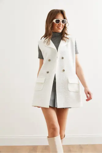 Kadın Ekru Düğmeli Cepli Buklet Yelek YLK-19000050-Ekru - 5