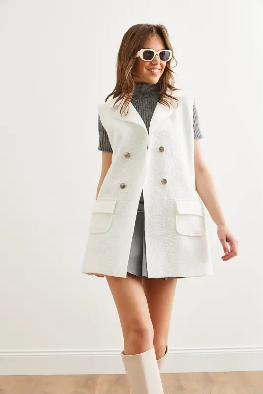 Kadın Ekru Düğmeli Cepli Buklet Yelek YLK-19000050-Ekru - 5