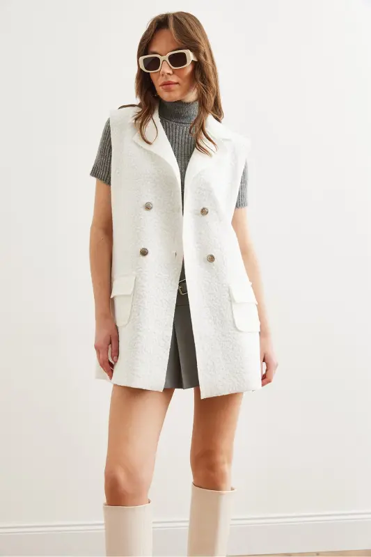 Kadın Ekru Düğmeli Cepli Buklet Yelek YLK-19000050-Ekru - 7