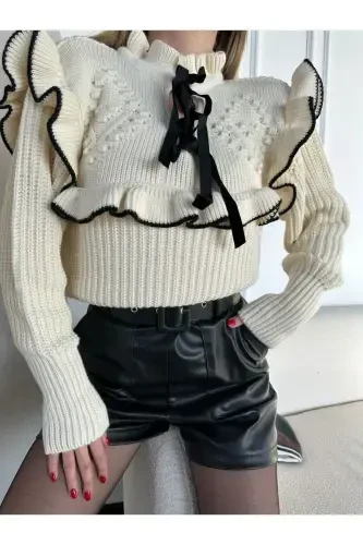 Kadın Ekru Fırfırlı Detay Selanik Örgü Kazak-Ekru - 5