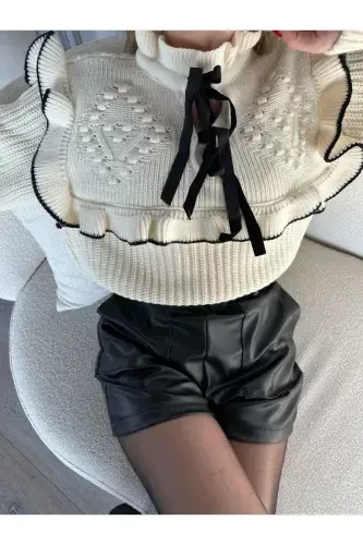 Kadın Ekru Fırfırlı Detay Selanik Örgü Kazak-Ekru - 7