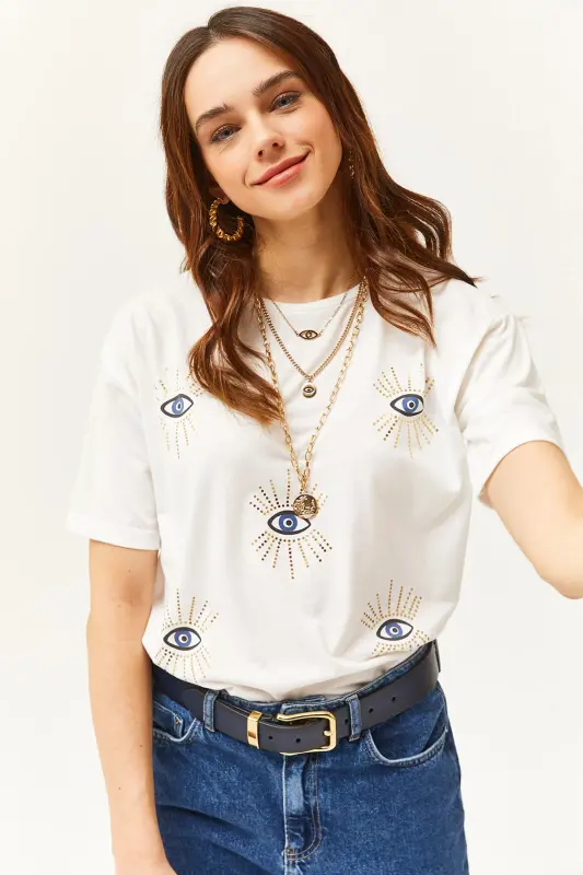 Kadın Ekru Göz Baskılı Varak Detaylı Tişört TSH-19000770-Ekru - 1
