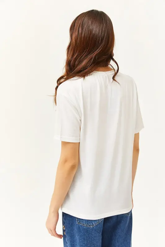 Kadın Ekru Göz Baskılı Varak Detaylı Tişört TSH-19000770-Ekru - 5